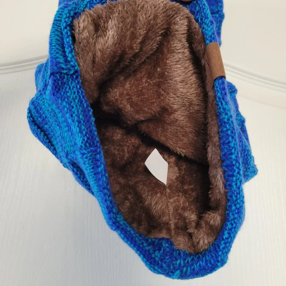 Blue Checkered Fuzzy Beanie Soft Fur Liner Ski Hat With Scarf Warm Knit Stretch - Picture 3 of 6